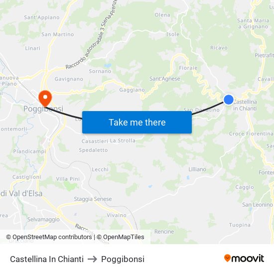 Castellina In Chianti to Poggibonsi map