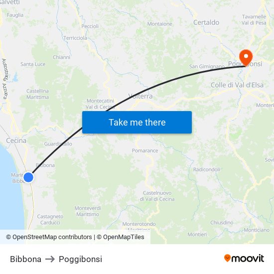 Bibbona to Poggibonsi map