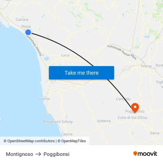 Montignoso to Poggibonsi map