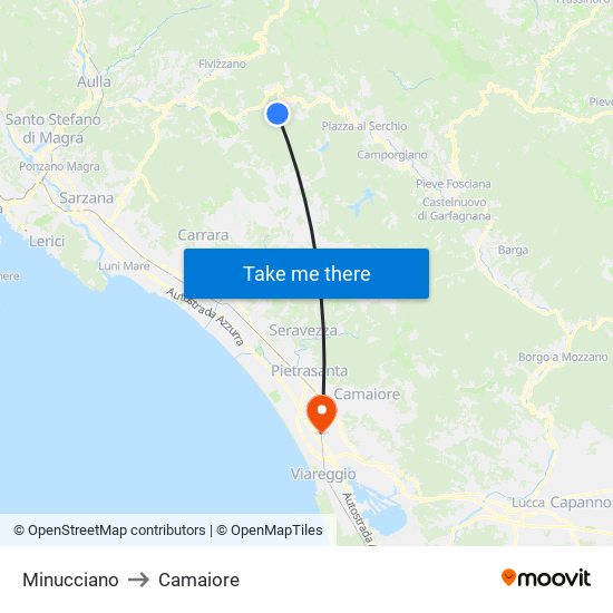 Minucciano to Camaiore map