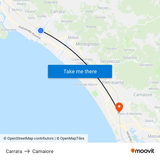 Carrara to Camaiore map