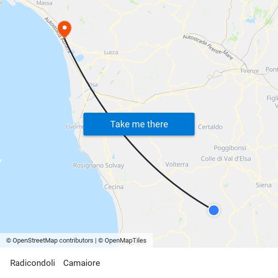 Radicondoli to Camaiore map