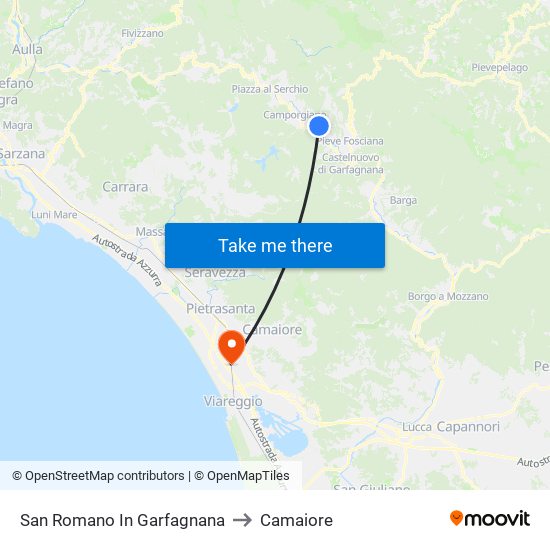 San Romano In Garfagnana to Camaiore map