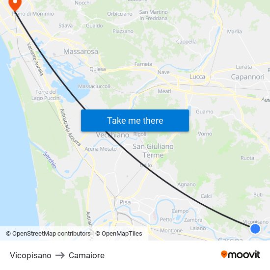 Vicopisano to Camaiore map