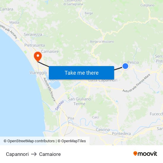 Capannori to Camaiore map