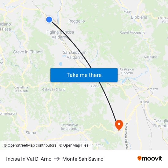 Incisa In Val D' Arno to Monte San Savino map