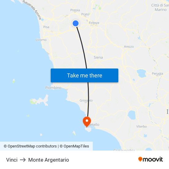 Vinci to Monte Argentario map