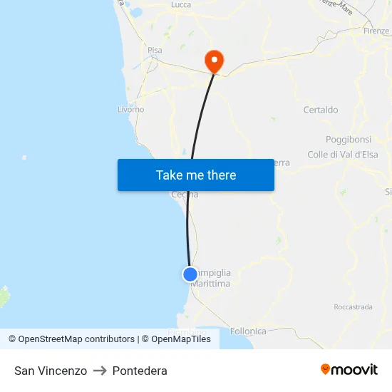 San Vincenzo to Pontedera map