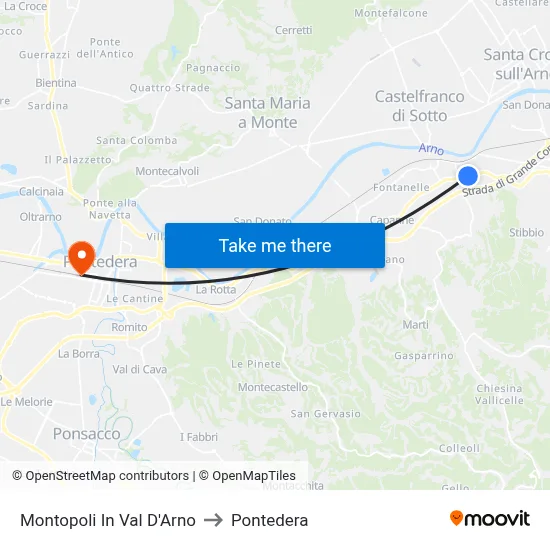 Montopoli In Val D'Arno to Pontedera map