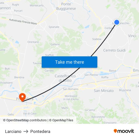 Larciano to Pontedera map