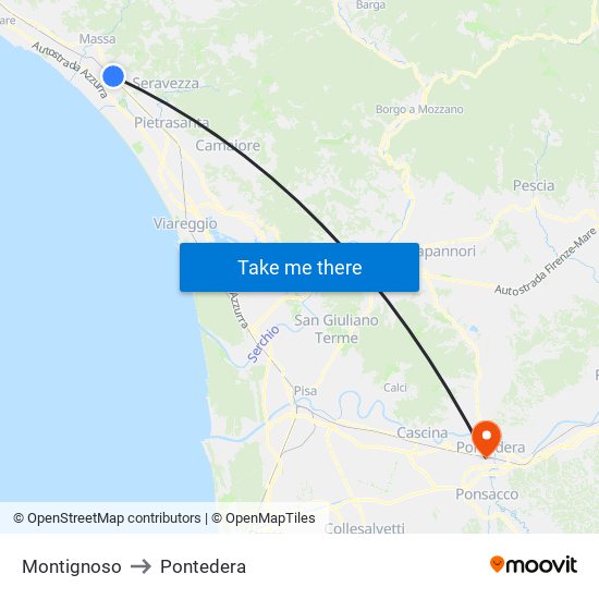 Montignoso to Pontedera map