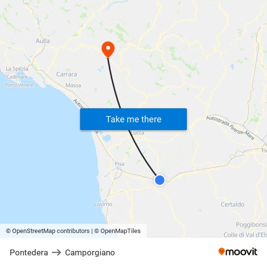 Pontedera to Camporgiano map