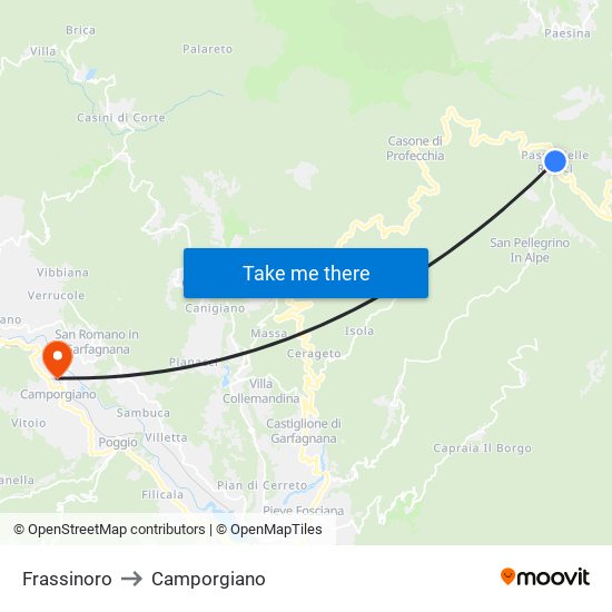 Frassinoro to Camporgiano map