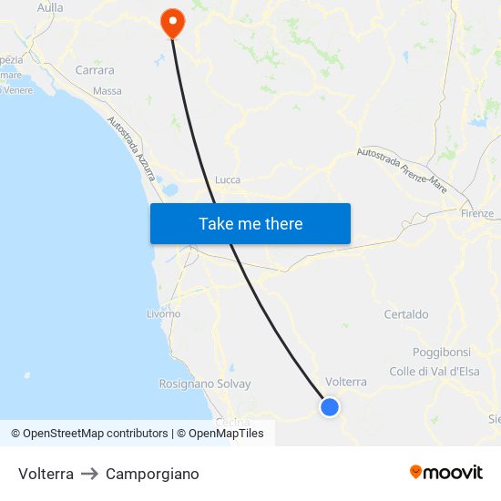 Volterra to Camporgiano map