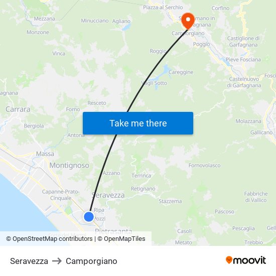 Seravezza to Camporgiano map