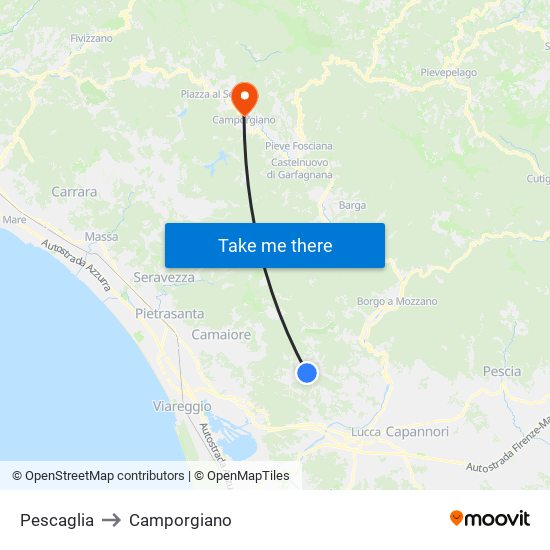 Pescaglia to Camporgiano map