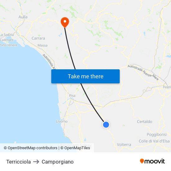 Terricciola to Camporgiano map