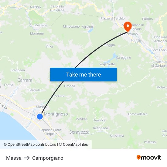 Massa to Camporgiano map