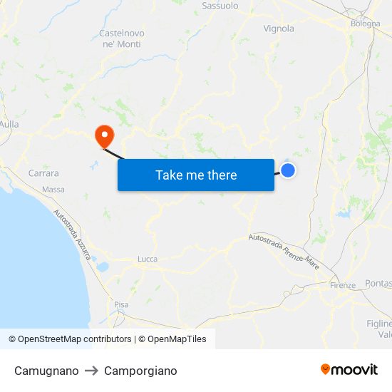 Camugnano to Camporgiano map