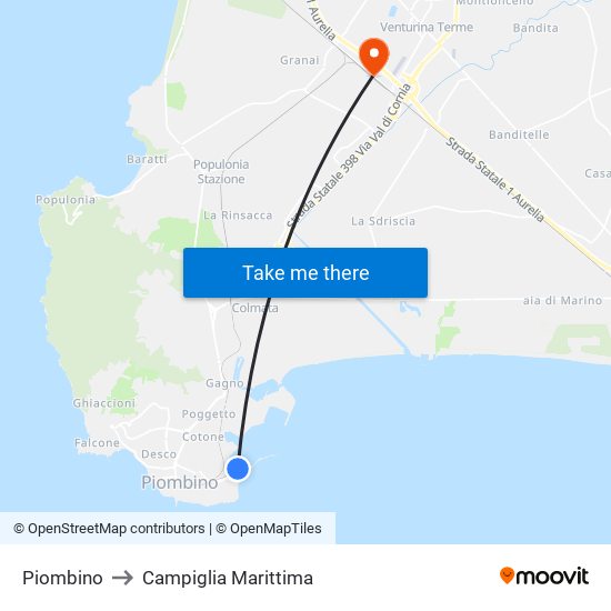 Piombino to Campiglia Marittima map