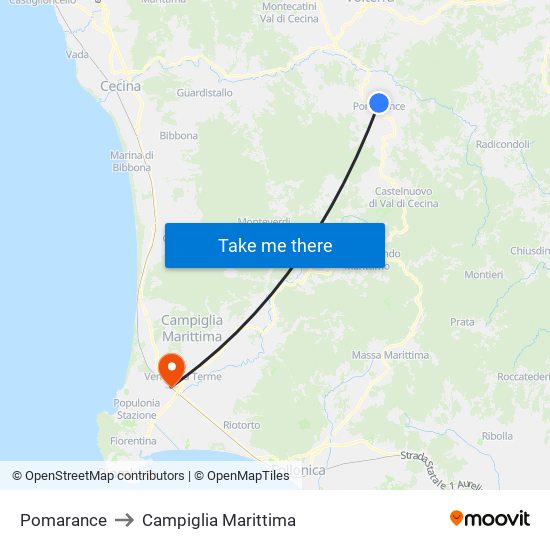 Pomarance to Campiglia Marittima map