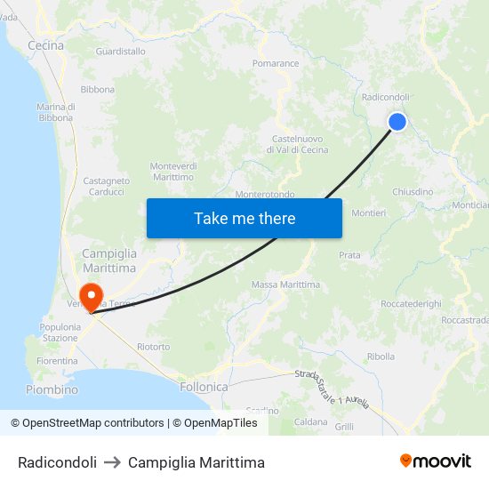 Radicondoli to Campiglia Marittima map