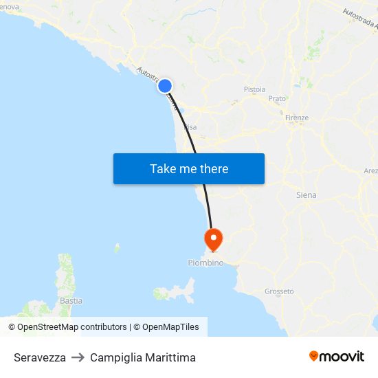 Seravezza to Campiglia Marittima map