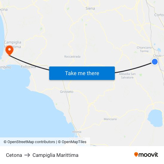 Cetona to Campiglia Marittima map