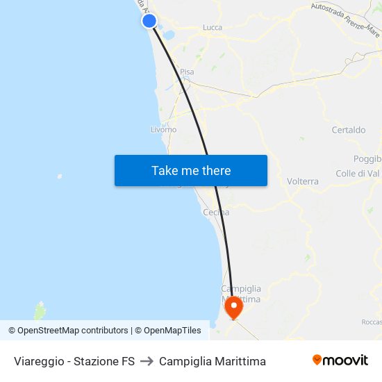 Viareggio Stazione FS to Campiglia Marittima map