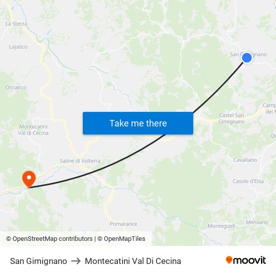 San Gimignano to Montecatini Val Di Cecina map