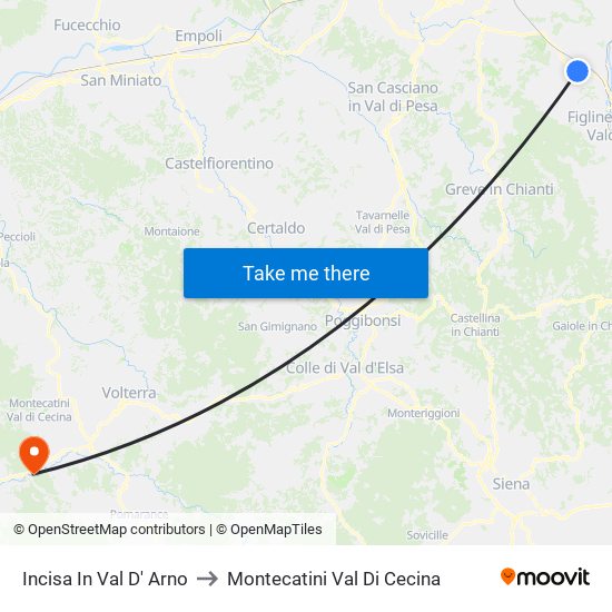 Incisa In Val D' Arno to Montecatini Val Di Cecina map