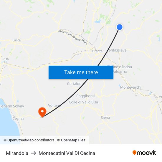 Mirandola to Montecatini Val Di Cecina map