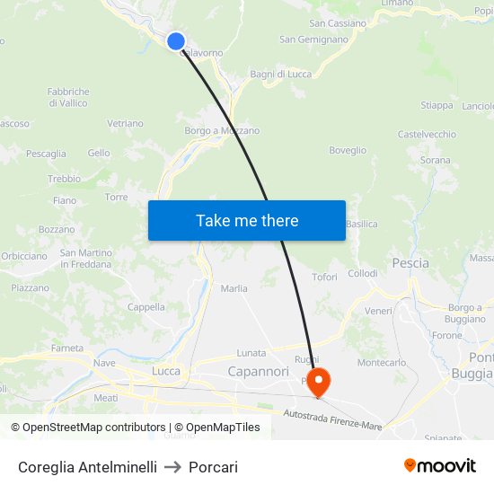 Coreglia Antelminelli to Porcari map