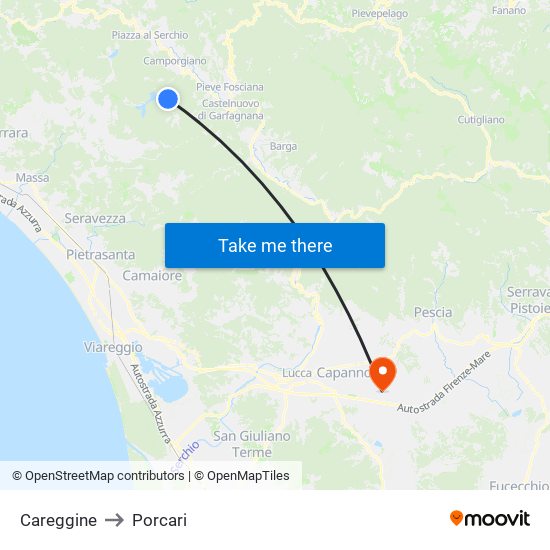 Careggine to Porcari map