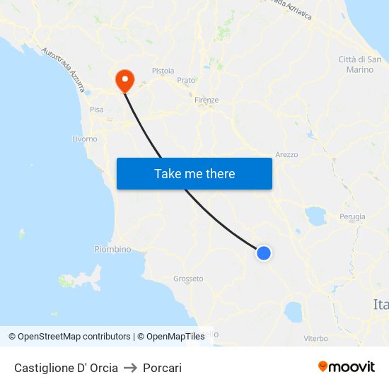 Castiglione D' Orcia to Porcari map