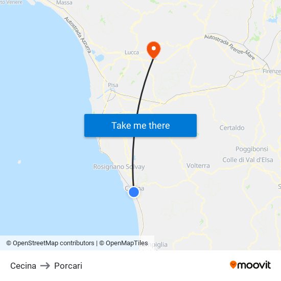 Cecina to Porcari map