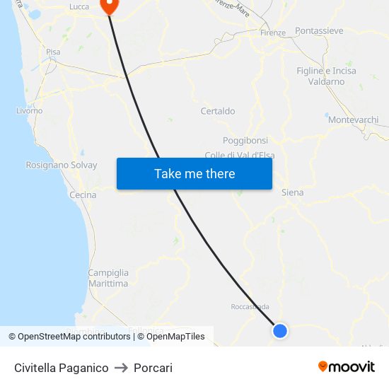 Civitella Paganico to Porcari map