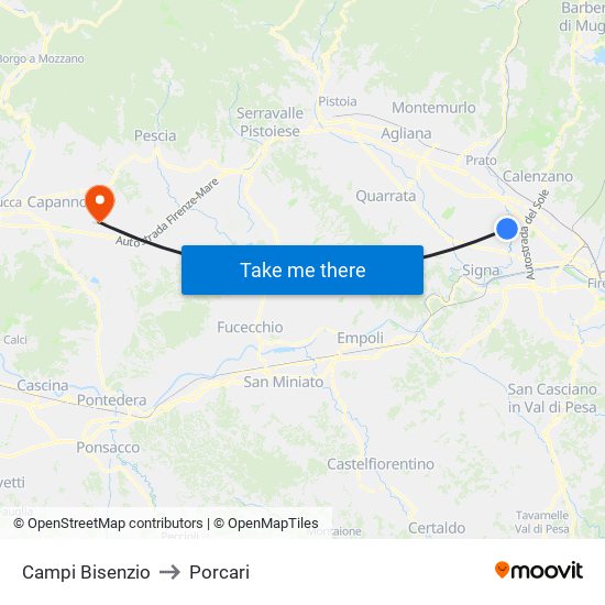 Campi Bisenzio to Porcari map