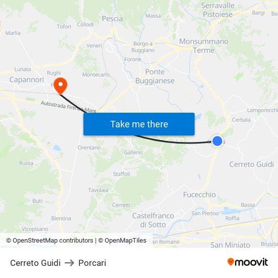 Cerreto Guidi to Porcari map