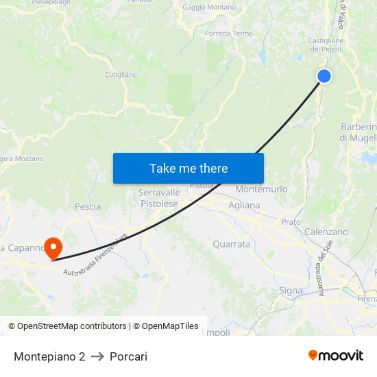 Montepiano 2 to Porcari map