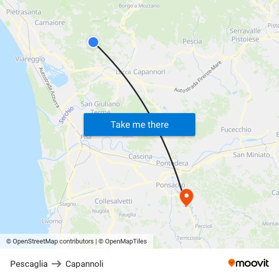 Pescaglia to Capannoli map