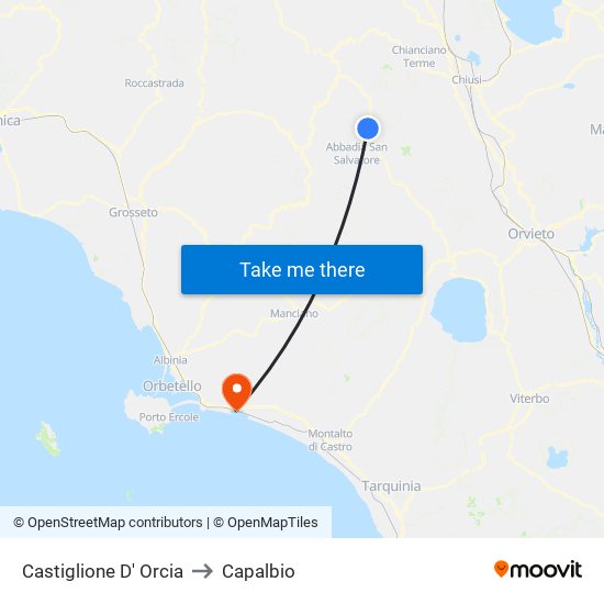 Castiglione D' Orcia to Capalbio map
