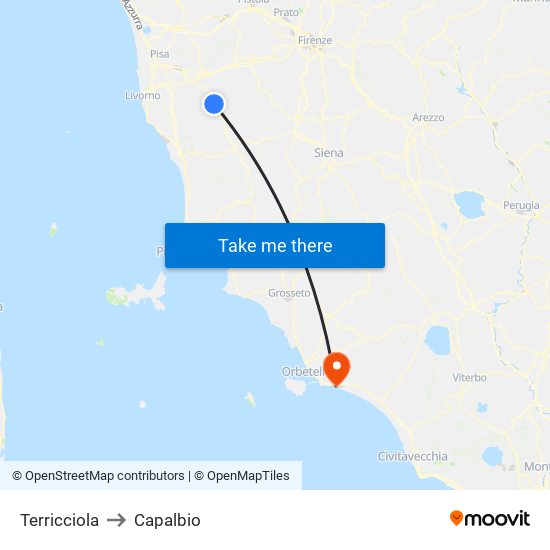 Terricciola to Capalbio map