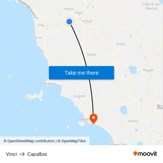 Vinci to Capalbio map