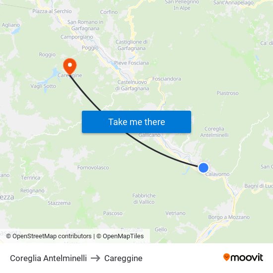 Coreglia Antelminelli to Careggine map