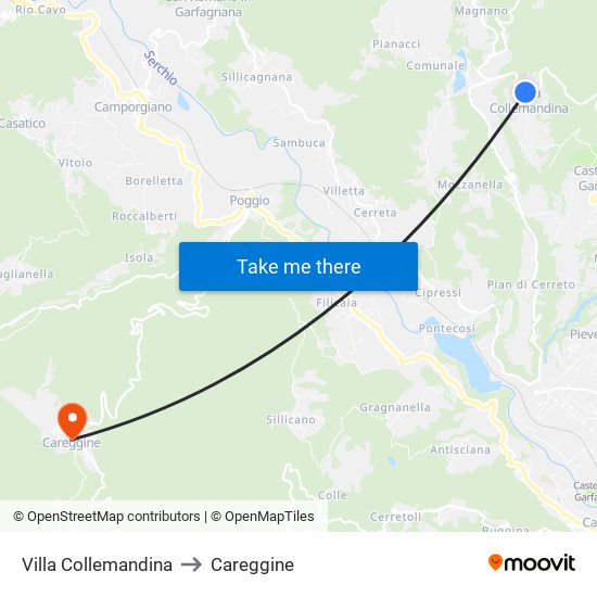 Villa Collemandina to Careggine map