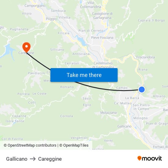 Gallicano to Careggine map
