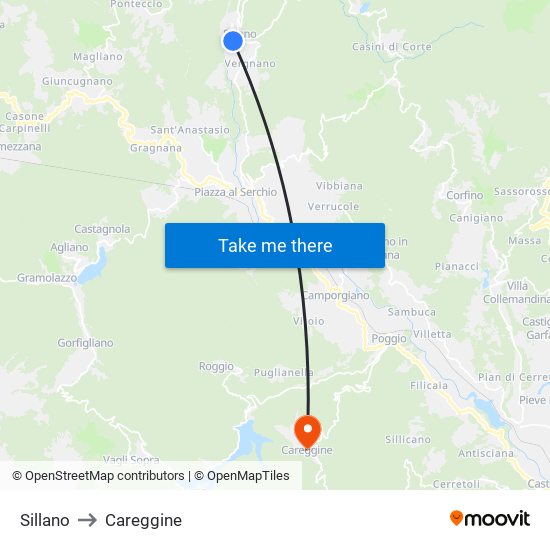 Sillano to Careggine map