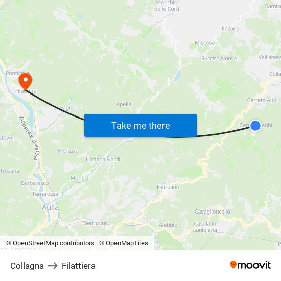 Collagna to Filattiera map