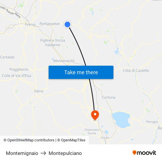 Montemignaio to Montepulciano map
